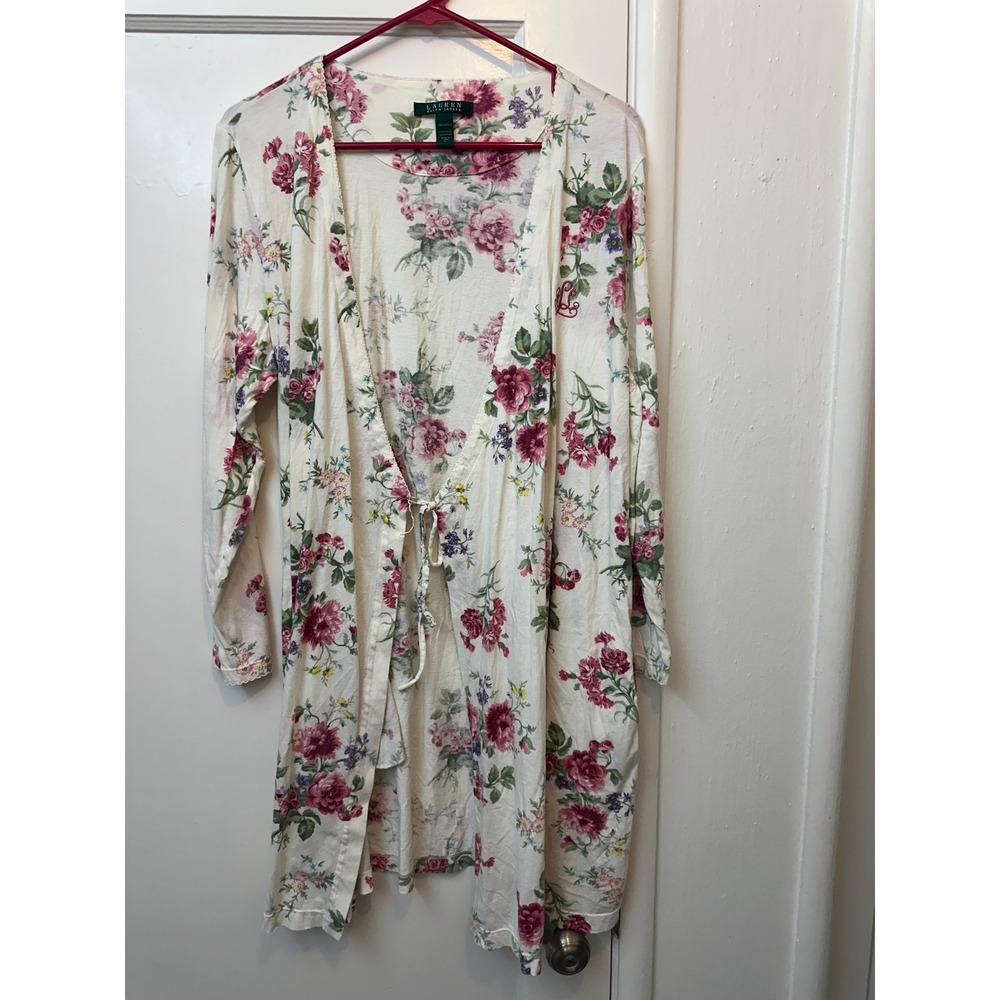Lauren Ralph Lauren Floral Cotton Knit Robe Cardigan Pink Cream Large 8141035 - Picture 1 of 8